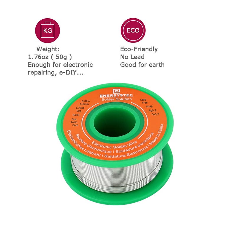 E ENERSYSTEC Solder Wire Rosin Core No Lead Wire Thin 0.6mm 50g Fine Solder with Flux 2.5 PB Free Sn99 Ag0.3 Cu0.7 Flow 0.11lb Electronics Soldering DIY Repair Tiny - Image 3